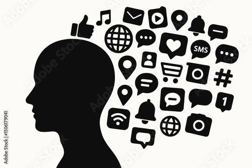 Social media addiction and digital communication overload vector concept showing human profile silhouette with floating technology icons and symbols