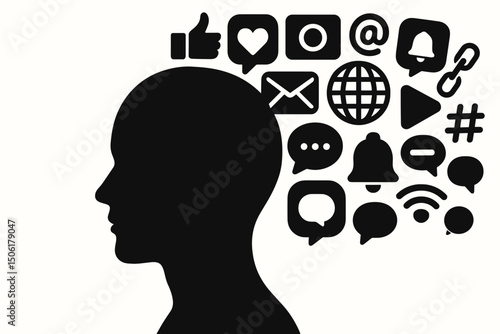 Social media digital overload concept with human head silhouette surrounded by communication icons, notifications and online networking symbols vector illustration