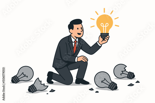 Businessman holding glowing lightbulb surrounded by broken bulbs - innovation, creative breakthrough, and successful problem-solving concept vector illustration