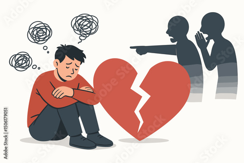 Heartbroken depressed man sitting alone with broken heart while people pointing and gossiping behind him mental health and bullying concept vector illustration