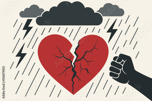 Broken red heart cracking apart in storm with lightning bolts and heavy rain depicting emotional pain, heartbreak, divorce and relationship ending