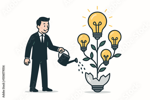 Businessman watering innovative lightbulb tree, creative idea cultivation and business growth concept vector illustration for entrepreneurship design