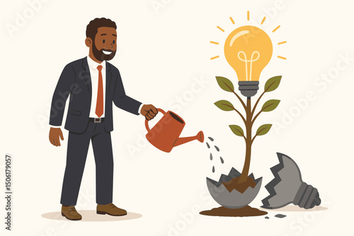 Smiling businessman cultivating creative idea tree emerging from broken lightbulb with watering can, illustrating entrepreneurial success and innovation