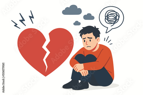 Heartbroken young man sitting alone with broken red heart and storm clouds depicting emotional pain, depression, and relationship breakup sadness vector illustration