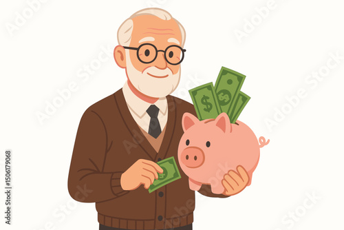 Happy smiling elderly grandfather saving money in pink piggy bank for retirement financial independence and pension planning vector illustration