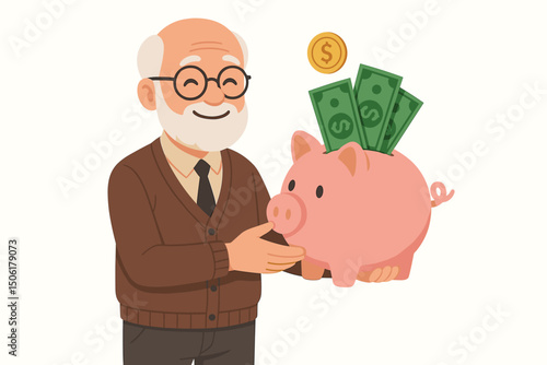Cheerful elderly businessman holding money-filled piggy bank with dollar bills and coin - retirement savings, financial independence vector concept
