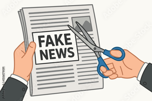 Hands cutting fake news newspaper with scissors - misinformation elimination concept vector illustration for media literacy and fact-checking campaigns