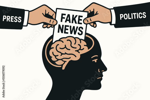 Fake news misinformation concept showing press and politics hands inserting false information propaganda into human brain mind manipulation vector illustration