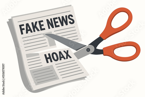 Red scissors cutting through fake news and hoax newspaper headlines - concept vector illustration for combating misinformation and media literacy