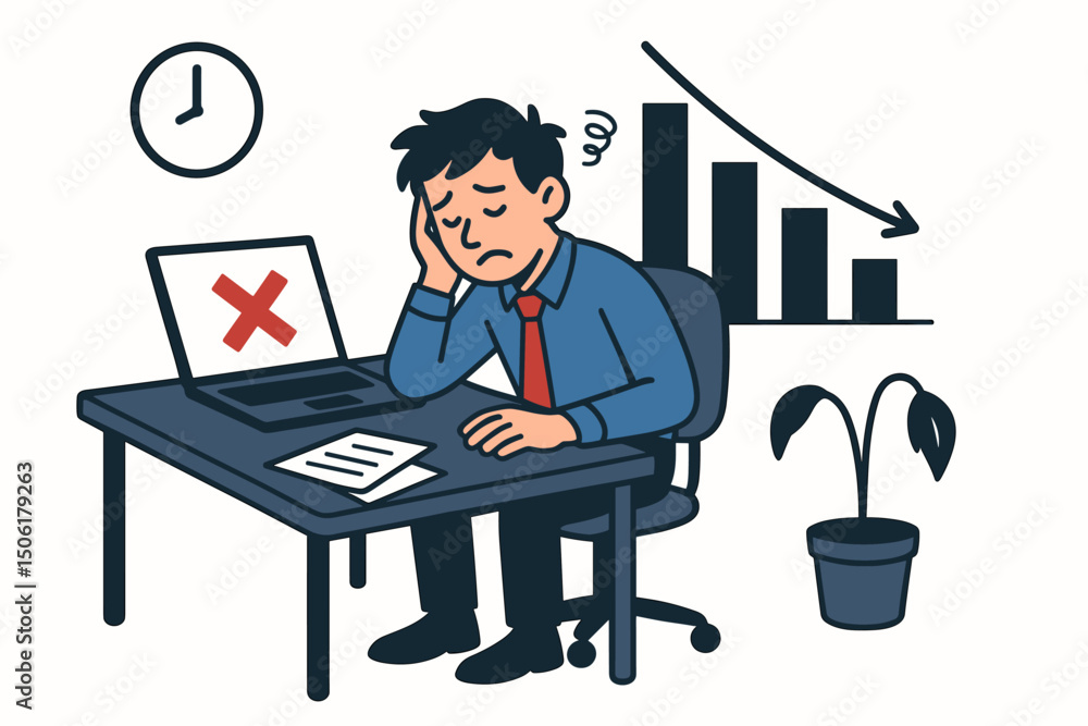 Stressed businessman experiencing work failure and declining performance with error laptop, time pressure, and workplace frustration vector illustration Stressed businessman experiencing work failure and declining performance with error laptop, time pressure, and workplace frustration vector illustration