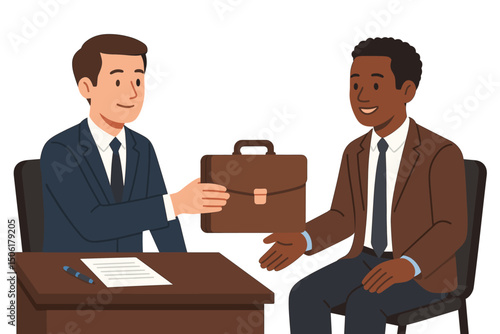 Diverse businessmen in suits exchanging briefcase during professional job offer meeting with contracts on wooden desk - corporate handover vector illustration