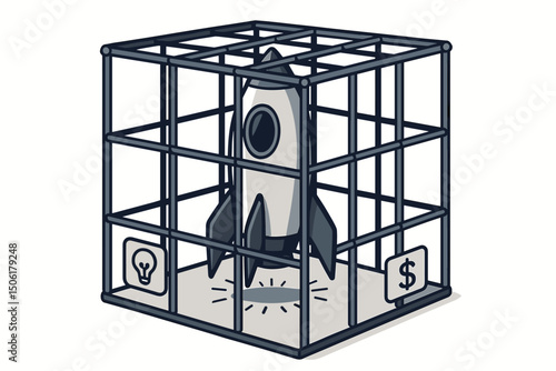 Protected business innovation rocket in steel security cage framework with creative lightbulb and dollar investment symbols concept vector
