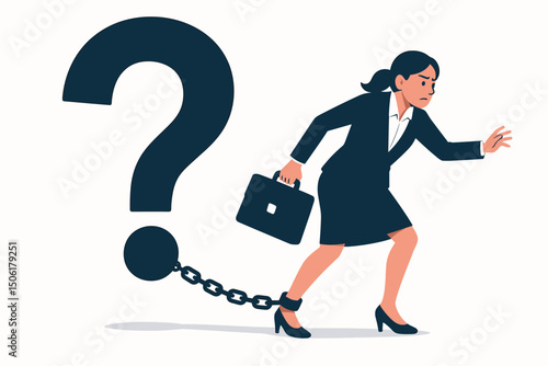 Professional businesswoman running forward despite ball and chain obstacles while facing uncertainty and doubt - corporate challenge vector illustration