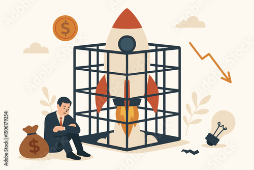 Frustrated businessman sitting beside caged rocket symbolizing restricted business growth, innovation barriers and limited startup potential vector illustration