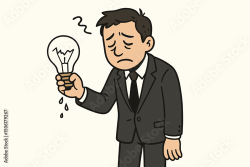 Frustrated businessman holding leaking lightbulb symbolizing creative burnout, lack of ideas, innovation struggles and mental exhaustion concept