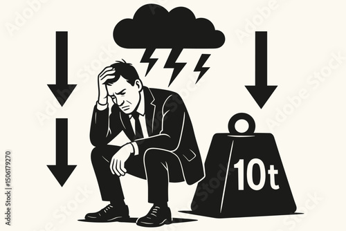 Stressed businessman sitting under storm cloud with lightning bolts and heavy weight burden, depicting work pressure, mental health crisis and business depression