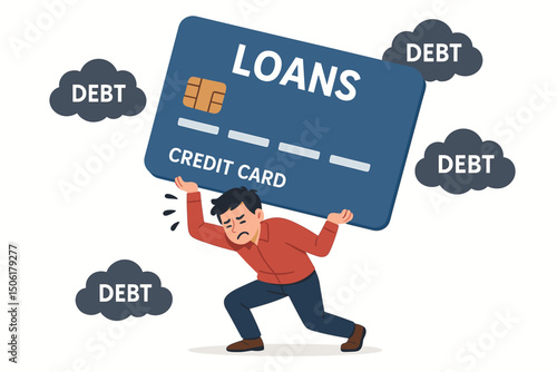Exhausted man carrying enormous credit card debt burden on shoulders surrounded by debt clouds struggling with loans and financial stress vector illustration