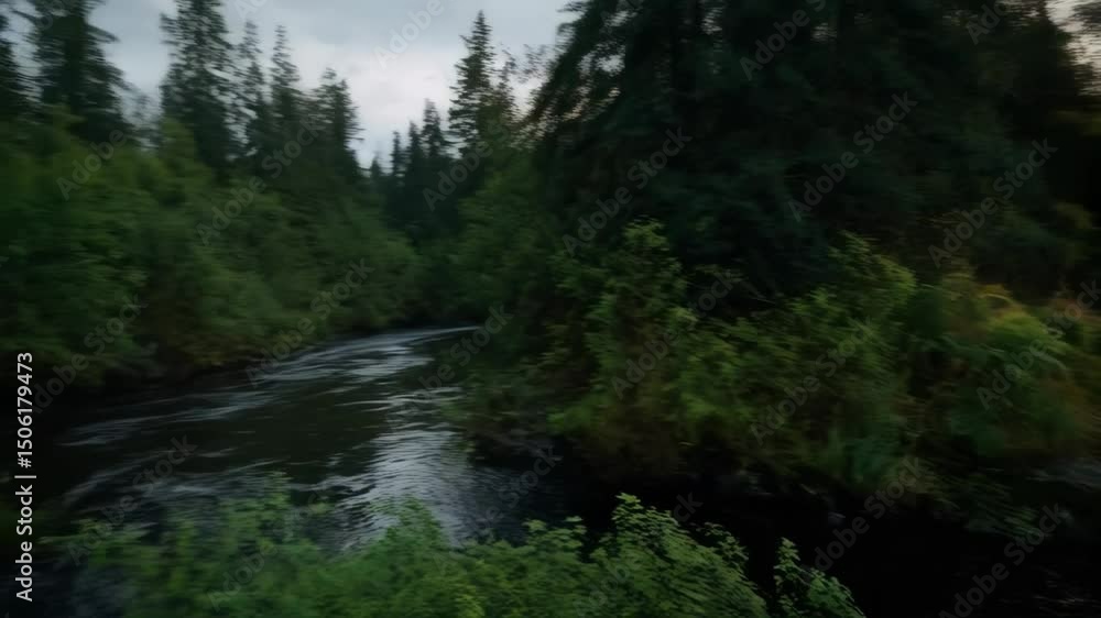 Scenic river flows through a lush evergreen forest landscape, with mossy rocks and cascading water, creating a tranquil outdoor scene Scenic river flows through a lush evergreen forest landscape, with mossy rocks and cascading water, creating a tranquil outdoor scene