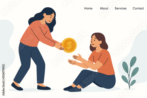 Generous woman donating golden dollar coin to needy person in charitable giving scene depicting financial aid compassion and social support vector illustration