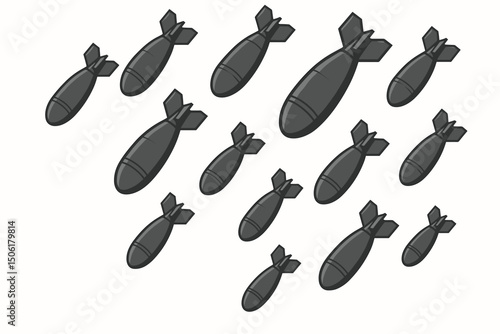 Gray military aerial bombs with stabilizing fins falling in scattered pattern vector illustration collection for warfare defense and game design concepts