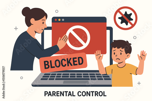 Parental Control Internet Safety Vector Illustration - Parent Blocking Inappropriate Content on Laptop Computer While Child Watches Online Protection Concept
