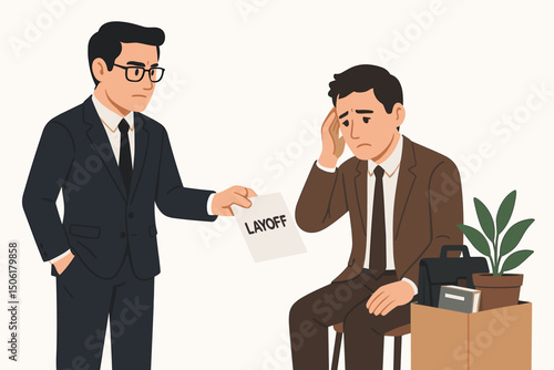 Professional manager giving termination notice to upset employee with cardboard box of personal items during workplace layoff process