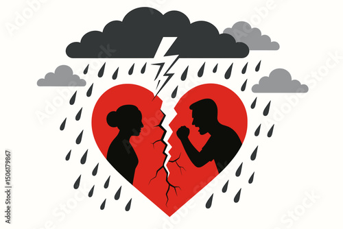 Stormy broken red heart with arguing couple silhouettes under dark thunderclouds and lightning - relationship conflict divorce breakup emotional heartbreak vector