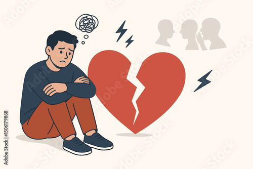 Depressed man sitting alone beside broken heart vector illustration showing heartbreak, loneliness, mental health struggles and emotional distress