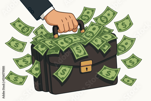 Businessman hand gripping black briefcase overflowing with dollar bills and cash flying around - financial success wealth abundance business concept vector