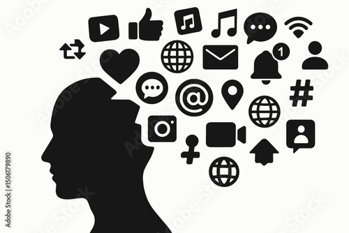 Human head silhouette with floating social media icons depicting digital overload, technology addiction and information consumption concept