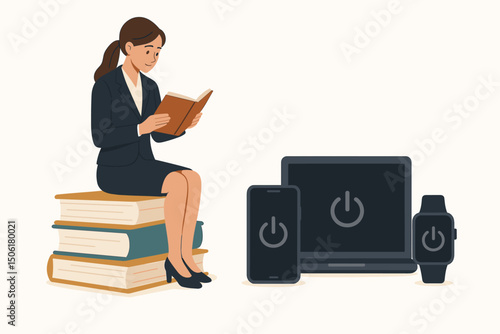Professional businesswoman reading book while taking digital detox break from laptop smartphone and smartwatch sitting on stack of books vector illustration