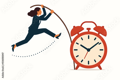 Dynamic businesswoman pole vaulting over giant red alarm clock flat vector illustration concept of time management productivity and deadline success