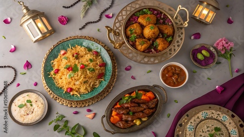 Wallpaper Mural Islamic Feast Featuring Rice, Meatballs, Beef Stew, and Mashed Taro with Ramadan Lanterns Torontodigital.ca