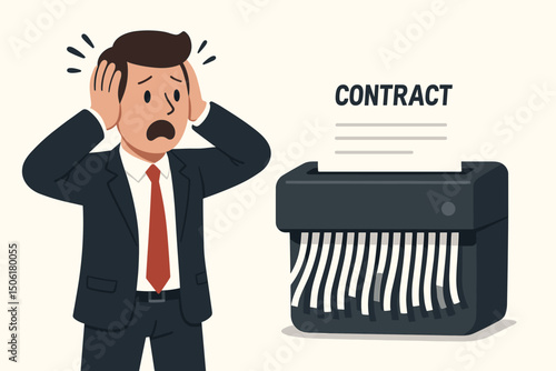 Shocked businessman holding head in despair as important contract document gets destroyed in paper shredder office mistake panic crisis concept vector illustration