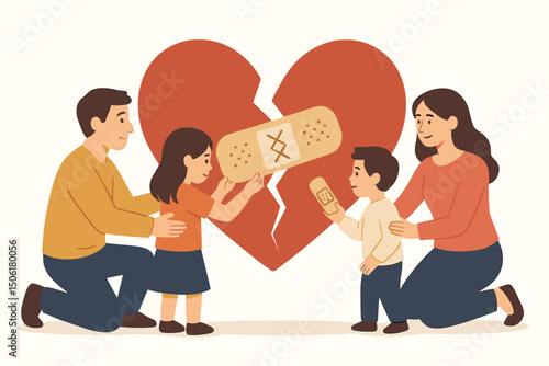 Family healing broken heart together with bandages vector illustration showing love, unity, support and emotional recovery concept for relationships
