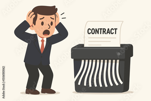 Distressed businessman in shock watching important contract document being destroyed in office paper shredder flat vector illustration concept