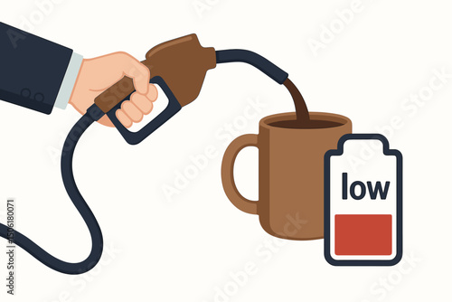 Conceptual vector of coffee as fuel - business hand using gas pump to refill coffee mug with low energy gauge, caffeine recharge illustration