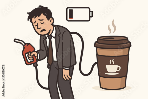 Exhausted businessman refueling with coffee vector illustration - tired office worker charging energy with caffeine like gas pump metaphor concept