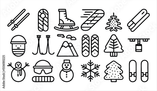 set of outline icons related to skiing  linear 