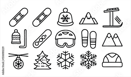 set of outline icons related to skiing  linear 