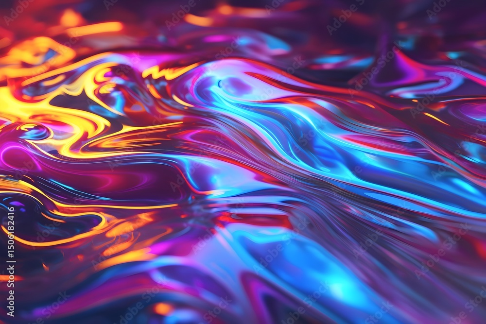 Fototapeta premium Vibrant neon chrome liquid waves with iridescent reflections create a futuristic cosmic metallic abstract background ideal for sci-fi, cyberpunk and tech designs.