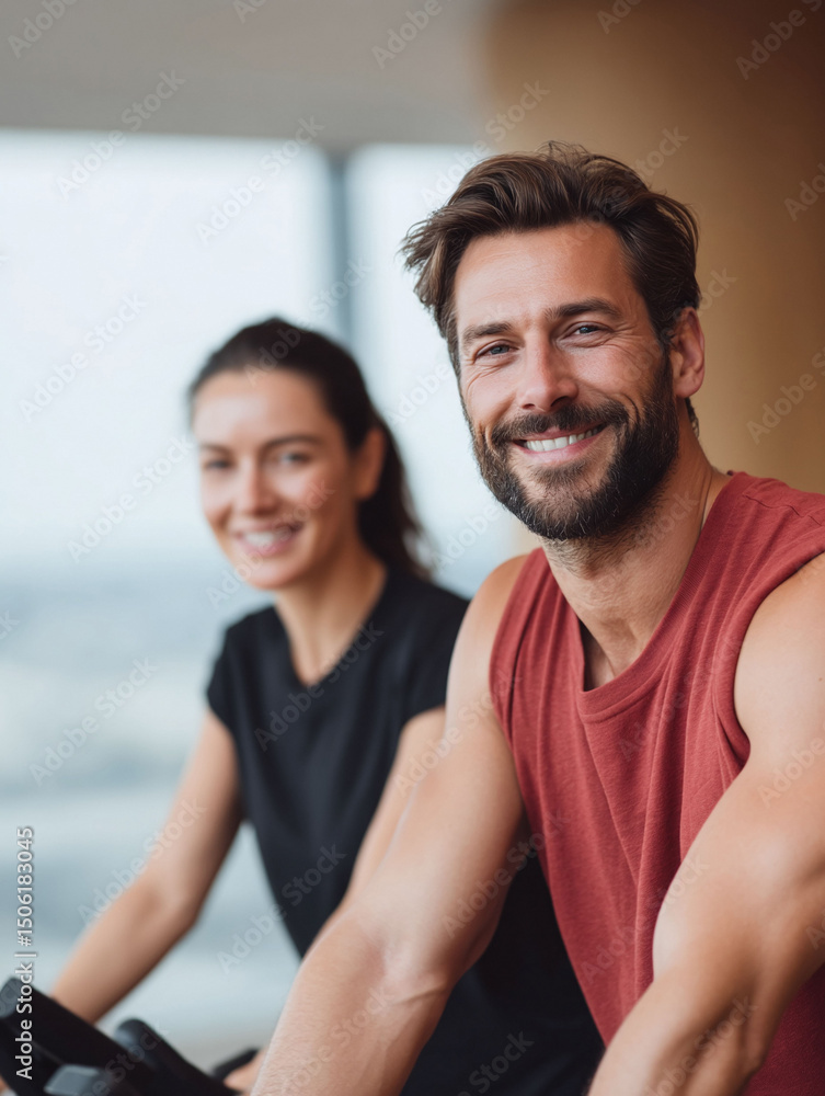 Obraz premium Smiling couple exercising in the gym. Focus on health, fitness, and wellbeing. Ideal for promoting active lifestyles, gym memberships, or wellness programs.