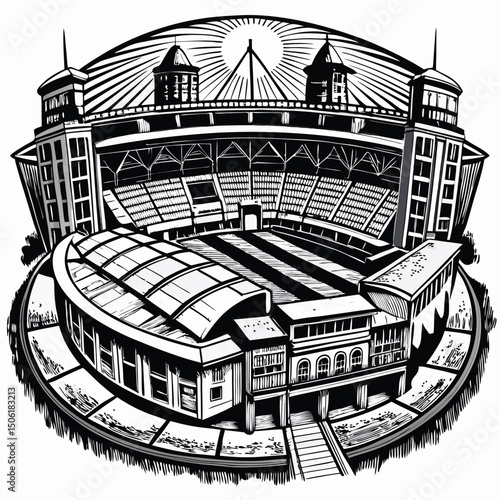Illustration of a football stadium in black and white