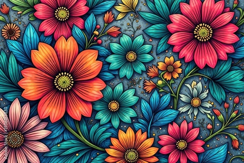 Intricate line art flowers, geometric floral repeat, style, vector, repeat