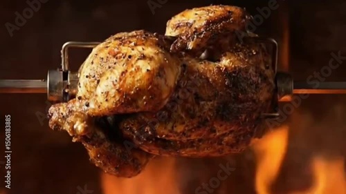 Video of Delicious Roast Chicken from the bakery, Crispy and Juicy, roasting on the barbecue