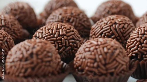 4k Video of Delicious Homemade Chocolate Brigadeiros, Traditional Brazilian Dessert Ready to Eat on a White Plate, Representing Festive Celebration and Sweet and Cheerful Gourmet Food