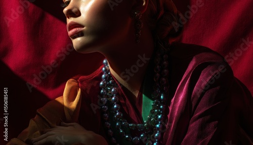 Close-up portrait of a woman with jewelry and rich colors.