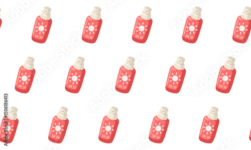 Summer seamless pattern with red sunscreen spray bottle labeled SPF 50 with simple sun icon. Vector background in cartoon style 