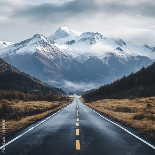 Long straight road heading toward misty mountain peaks, cut out