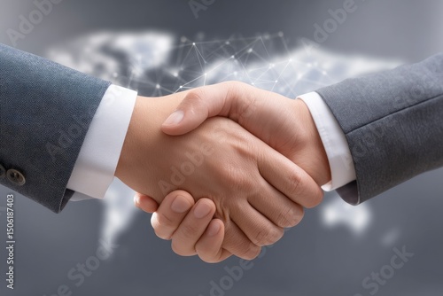 Two business people shaking hands with a network map background